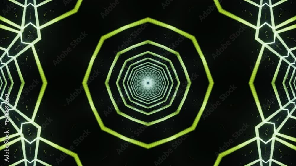 Poster dynamic 3d kaleidoscope with straight-line neon elements radiating across light background, seamless