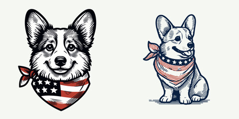 A Corgi Dog wear american flag print bandana. Minimal Vintage Grunge Independence Day 4th of July Patriotic Usa America Retro Clipart. Welsh with banner neckerchief puppy clothing.