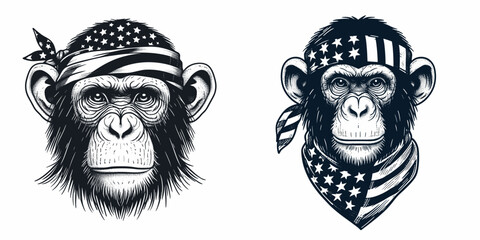 A Chimpanzee wear american flag print bandana. Minimal Vintage Grunge Independence Day 4th of July Patriotic Usa America Retro Clipart. Ape in star and stripe kerchief national symbol.