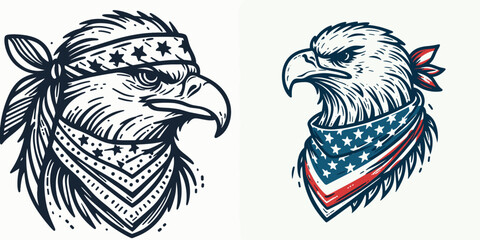 Obraz premium A Eagle wear american flag print bandana. Minimal Vintage Grunge Independence Day 4th of July Patriotic Usa America Retro Clipart. headwear with avian image and united states banner design.