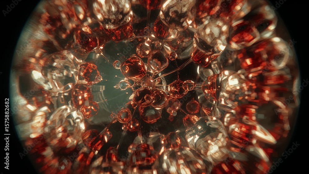 Poster a close up view of many red and clear spheres connected by thin lines on a dark background