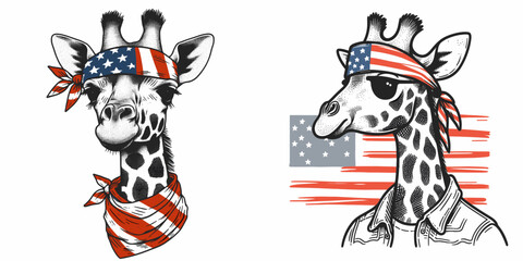 A Giraffe wear american flag print bandana. Minimal Vintage Grunge Independence Day 4th of July Patriotic Usa America Retro Clipart. Tall animal with stars and stripes neckerchief u.s.a.