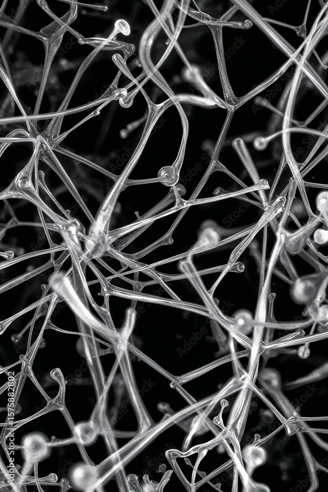 Poster close up view of abstract network of translucent structures on a black background