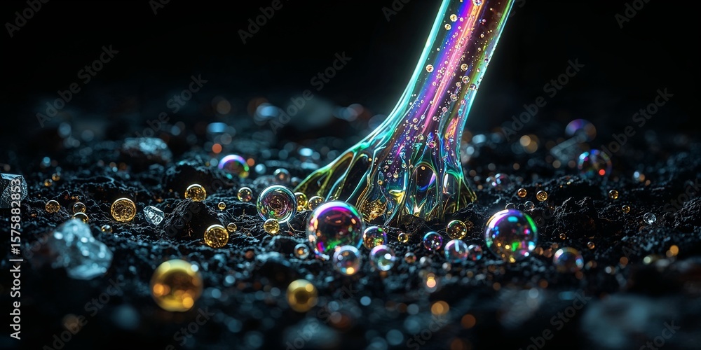 Fototapete iridescent tree with bubbles on dark ground creating a magical and surreal atmosphere art piece