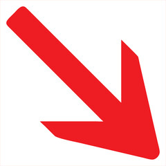 A bold red arrow pointing diagonally downwards, isolated on a clean white background, symbolizing direction or a downward trend