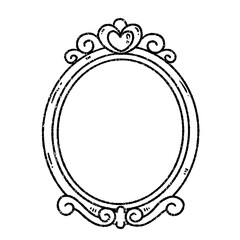 Ornate oval mirror frame with heart detail in vintage black and white line art, ideal for decorative and romantic designs