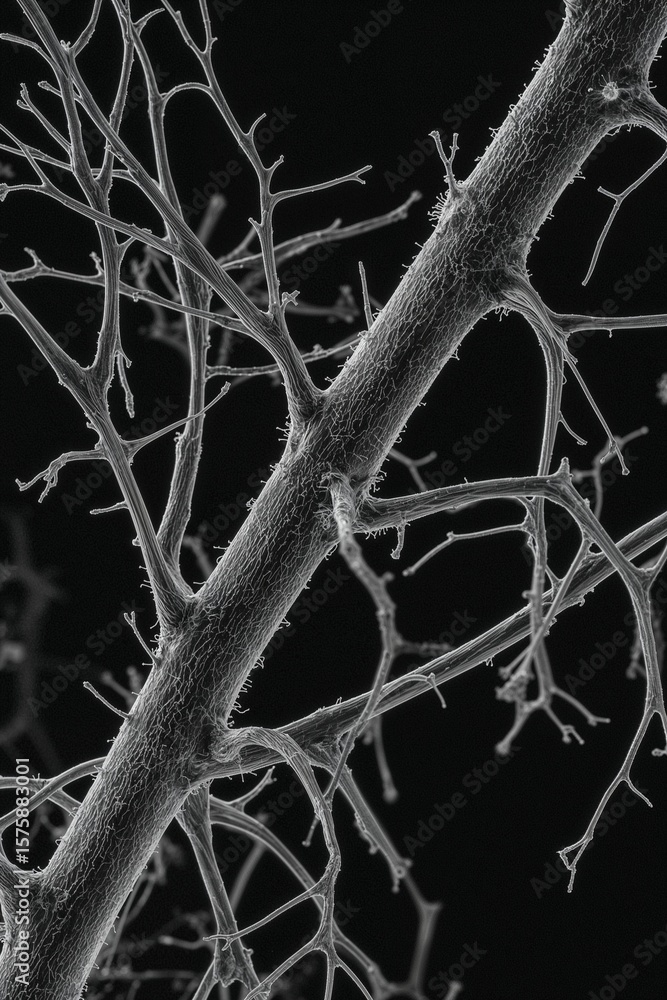 Poster close up view of a tree branch with smaller branches against a dark black background in monochrome