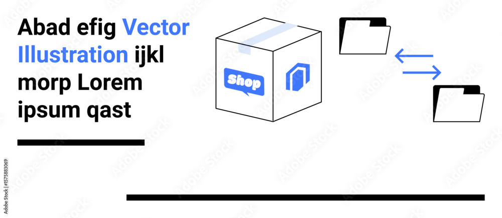 Poster cardboard box labeled shop, file folders exchanging data, and text snippets. ideal for e-commerce, l