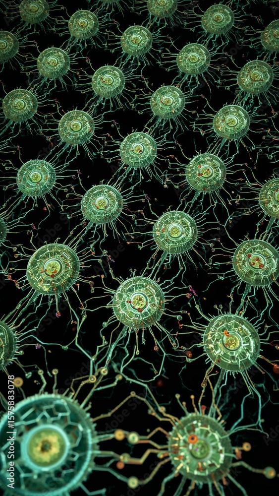 Poster an abstract pattern of interconnected green and yellow circular elements on a dark background