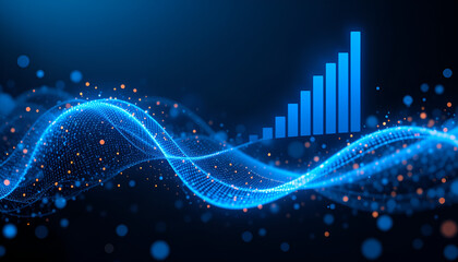 Abstract blue data wave with rising bar graph and bokeh lights on a dark background design concept