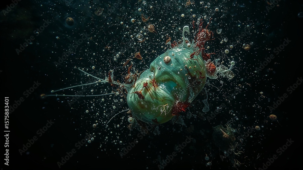 Poster a translucent sphere with red accents surrounded by bubbles in a dark underwater environment view