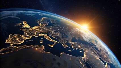 A breathtaking view of earth from space as the sun rises over europe illuminating the continent s vibrant city lights