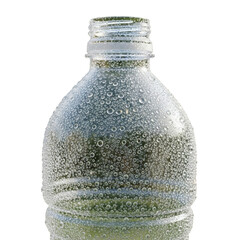 A clear plastic bottle filled with water and condensation, isolated on a transparent background