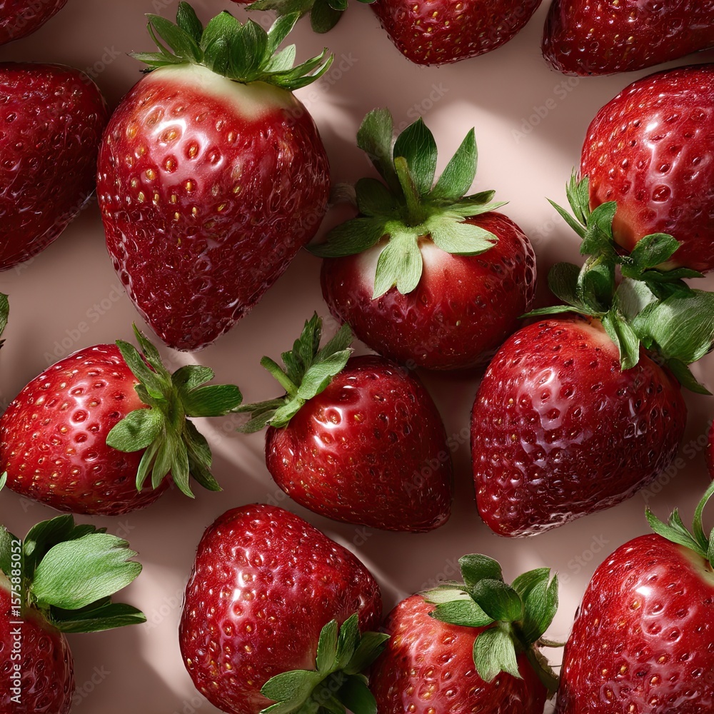 Poster glossy strawberries fill the center while lush strawberry fields create a refreshing and appetizing 