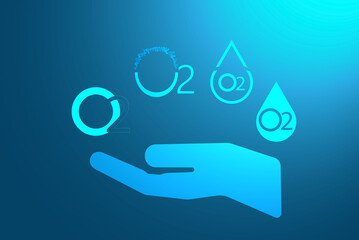 Oxygen molecule icon O2 floating above palm. Vector illustration on blue background. Isolated on dark blue.