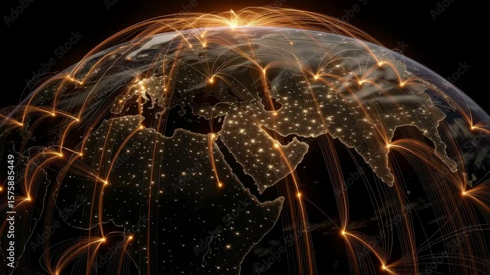 Aufkleber global network connections displaying digital data flow across the earth at night