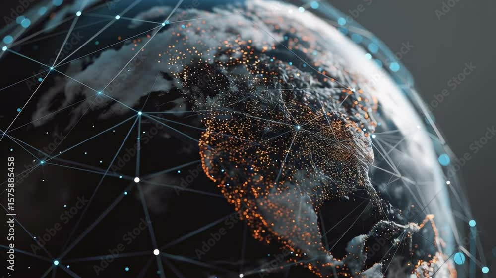 Poster stunning 3d visualization of earth with connecting digital network of global cities and data points