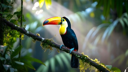 A colorful toucan perched on a mossy branch in a lush green rainforest with sunlight filtering through leaves