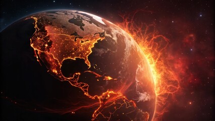 Planet earth engulfed in fiery celestial phenomenon with continents glowing intensely