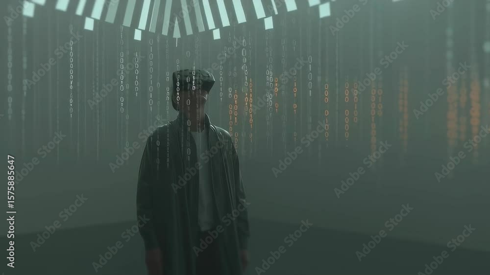 Poster person in virtual reality headset surrounded by binary code and glowing lights in dark environment