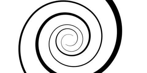 Hypnotic spirals background. Radial optical illusion. Black and white swirl tunnel wallpaper. Horizontal spinning concentric curves. Vortex or whirlpool design for poster, banner, flyer. Vector art