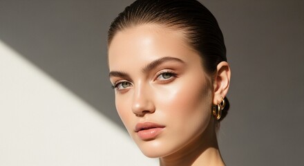 Naklejka premium Portrait of a clean girl aesthetic young woman with glowing natural skin, slicked-back hair, minimal makeup, gold hoop earrings, wearing a neutral-toned outfit in soft daylight, calm and elegant backg