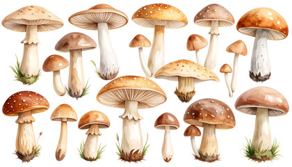 Collection of watercolor mushrooms in various shapes, sizes, and earthy tones. Each mushroom is hand-painted with soft textures and natural details, isolated on a transparent PNG background.