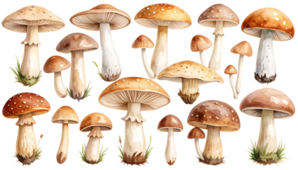 Collection of watercolor mushrooms in various shapes, sizes, and earthy tones. Each mushroom is hand-painted with soft textures and natural details, isolated on a transparent PNG background.