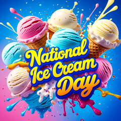 Vibrant 3D Render: Colorful Ice Cream Cones Exploding with Paint Splats for National Ice Cream Day.