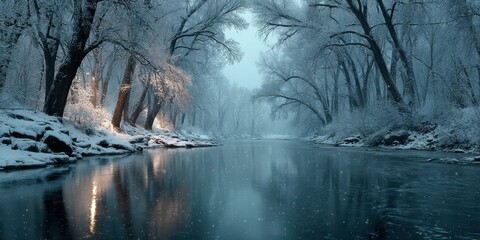 Snow covered river reflects trees in winter landscape at twilight