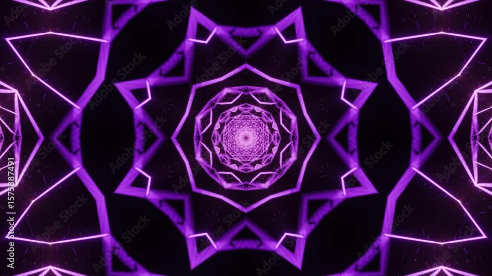 Poster kaleidoscopic 3d animation of straight neon paths with central symmetry on a bright surface, loopabl