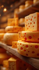 Cheese display in a rustic cellar showcasing various types, colors, and textures during an artisanal food event