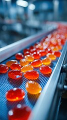 Vibrant candy production process in a factory showcasing colorful gelatin sweets on a conveyor belt