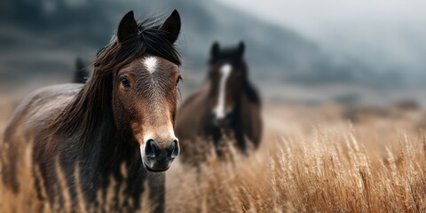 Horses grazing in a foggy meadow during early morning hours in a serene countryside landscape