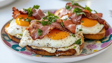 Delicious Breakfast Plate with Eggs Crispy Bacon and Fresh Tomatoes Served