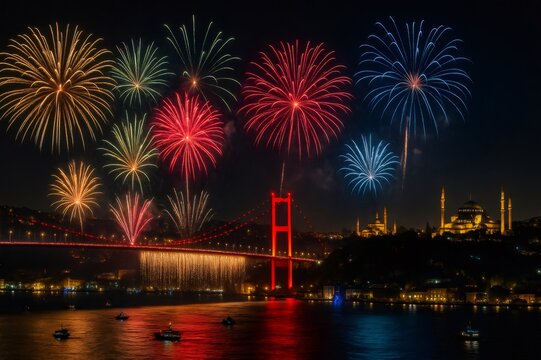 Fireworks exploding over the Bosphorus and the 15 July Martyrs Bridge in Istanbul, Turkey