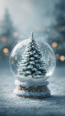 Snow globe with a Christmas tree surrounded by snow and festive lights in a winter wonderland setting