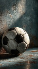 Old soccer ball resting on a weathered surface in dim lighting with textured wall backdrop
