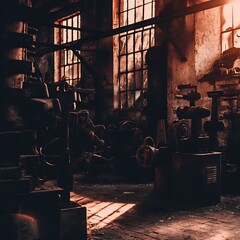Sunlit interior of an abandoned industrial factory.