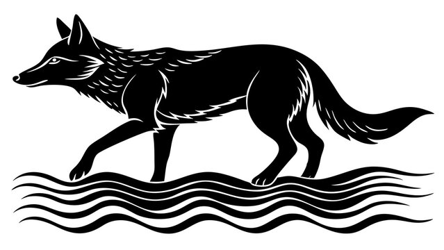 Black coyote walking through wavy water silhouette vector illustration animal wildlife