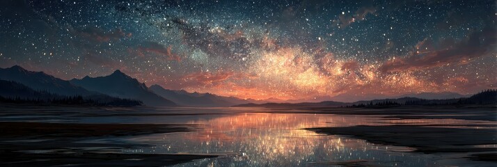 Majestic night sky over serene lake reflecting shimmering stars and galaxy in a remote mountain setting