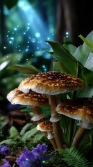 Mushrooms growing in a magical forest setting illuminated by soft light with shimmering particles in the air