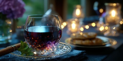 Evening gathering with a glass of red wine and cookies on a beautifully set table in soft candlelight