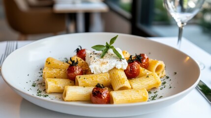 Delicious Plate of Pasta Garnished with Fresh Tomatoes and Creamy Cheese