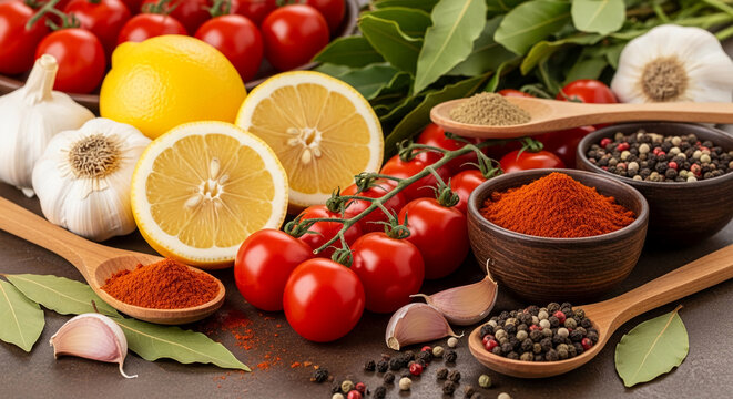 Close-up of fresh tomatoes, lemons, garlic, and assorted spices in wooden spoons and bowls, showcasing vibrant colors and textures, representing healthy cooking and culinary ingredients - Powered by Adobe