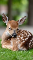 A baby deer rests comfortably on lush green grass, basking in warm sunlight, evoking tranquility and nature's beauty