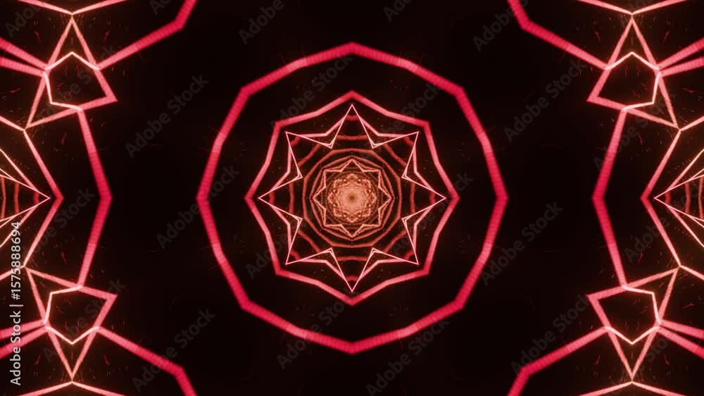 Poster clean radial symmetry with glowing neon lines in 3d animation on pale background, seamless kaleidosc