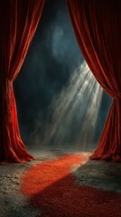 Red curtains frame a spotlight shining on a velvet carpet in an atmospheric theater setting