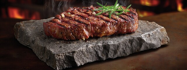 juicy grilled steak served on a stone slab plate . aspect ratio 8:3