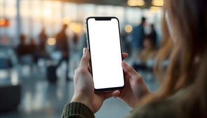 Person Using Smartphone with White Screen at Airport